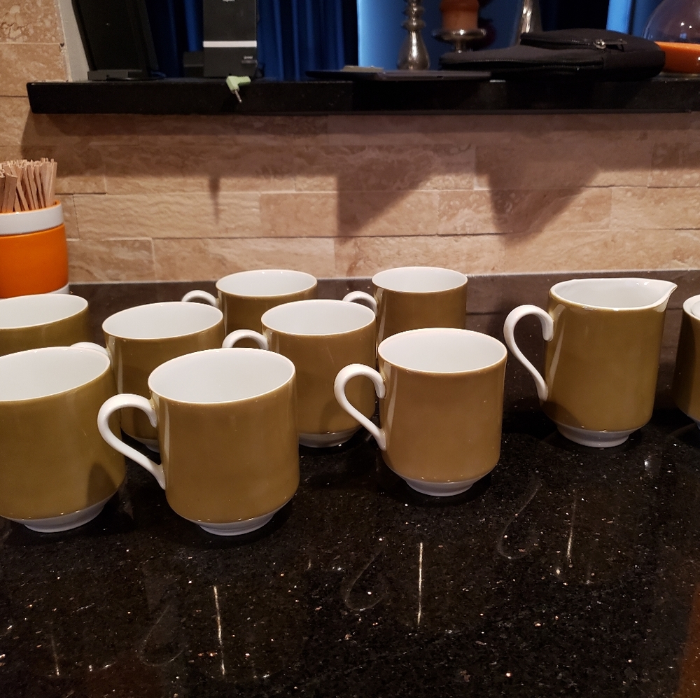 Mikasa Tawny Green tea/ coffee cups with creamer and sugar servers
